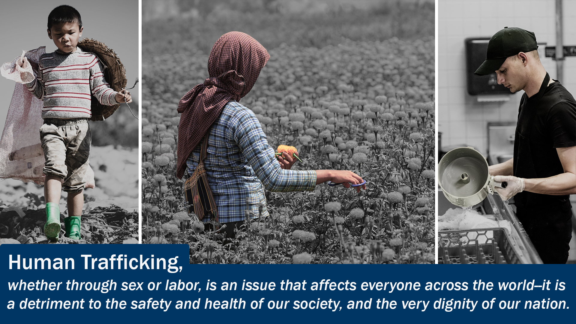 Human trafficking, whether through sex or labor, is an issue that affects everyone across the world--it is a detriment to the safety and health of our society, and the very dignity of our nation. Human trafficking, whether through sex or labor, is an issue that affects everyone across the world--it is a detriment to the safety and health of our society, and the very dignity of our nation.
