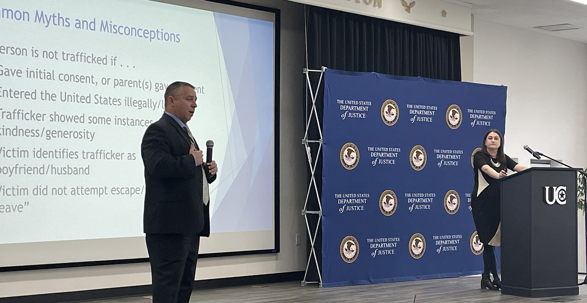 Special Agent Brian Morris of HSI Charleston addresses a crowd of about 200 teachers, educators, front-line workers, law enforcement partners, and other stakeholders, at the University of Charleston Jan. 31, to discuss human trafficking issues specific to West Virginia.  provided an overview of the human trafficking problem in West Virginia. 
