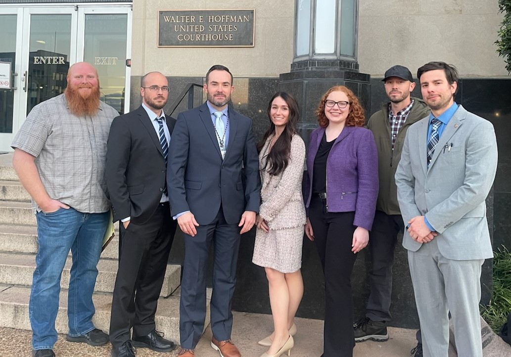 From left: HSI Norfolk Special Agent Jay Wood, DOJ Trial Attorney Chris Taylor, HSI Norfolk Special Agent Todd Lyons, Assistant U.S. Attorney Kristen Taylor, Norfolk USAO intern and 3rd year law student Madison Albright, ATF Special Agent Adam Ambrose, and ATF Special Agent Nick Ivone.