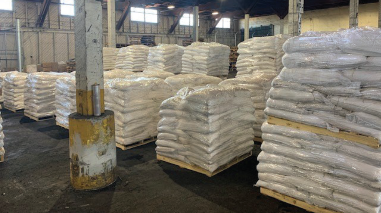 Approximately 24,500 kilograms of methylamine hydrochloride sits in a warehouse at the Port of Oakland, Calif., on June 8, 2021, after being uncovered and seized by HSI and DEA. Javier Algredo Vazquez and his co-conspirators purchased the chemcials and were going to illegally ship them to the Cartel de Jalisco Nueva Generacion in Mexico. Approximately 24,500 kilograms of methylamine hydrochloride sits in a warehouse at the Port of Oakland, Calif., on June 8, 2021, after being uncovered and seized by HSI and DEA. Javier Algredo Vazquez and his co-conspirators purchased the chemcials and were going to illegally ship them to the Cartel de Jalisco Nueva Generacion in Mexico.