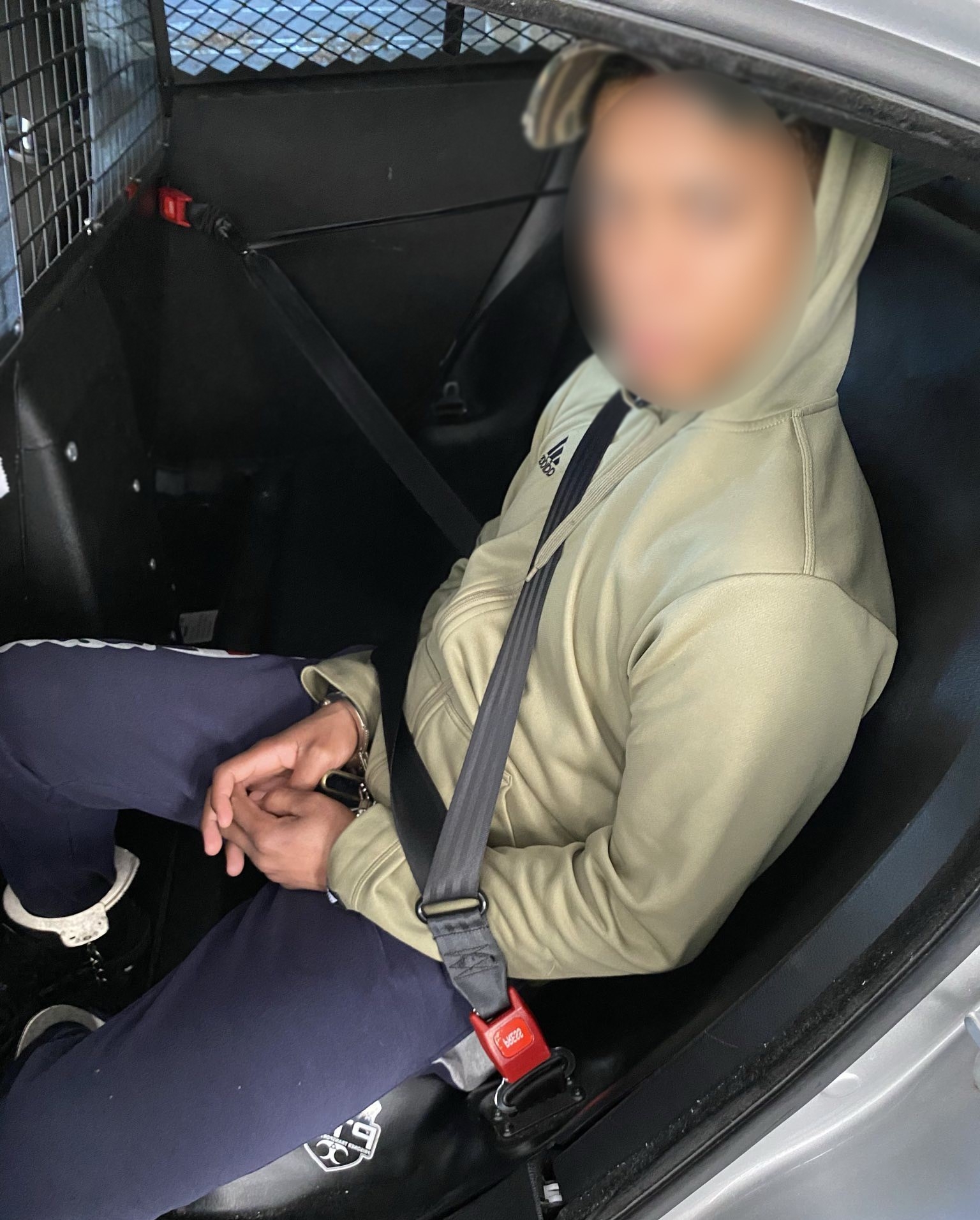 Handcuffed individual in back of car with face blurred