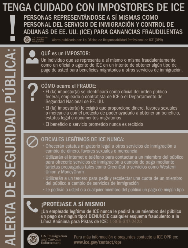 Tenga Cuidado con Impostores de ICE