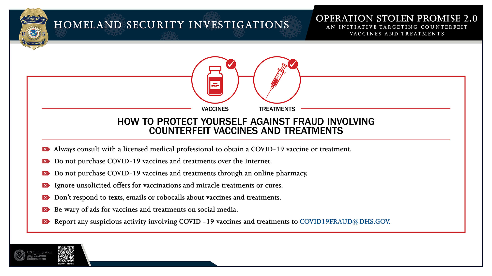 ICE warning on fake COVID-19 vaccines, counterfeit PPE, bogus preventive medical treatments