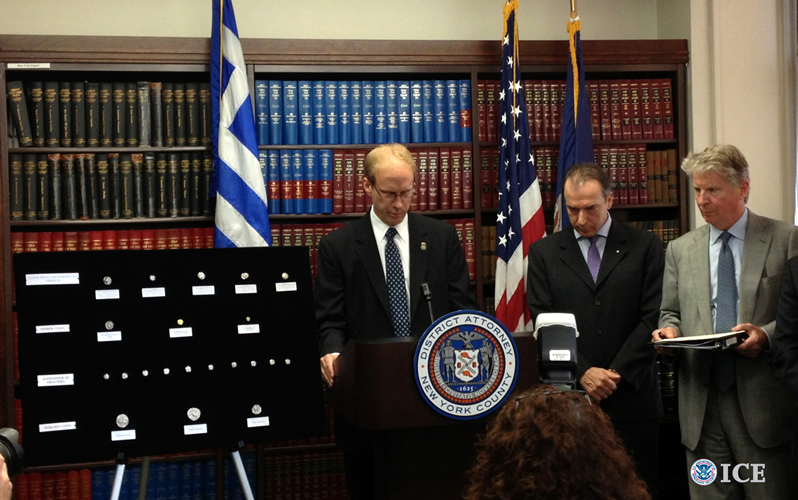 HSI New York Deputy Special Agent in Charge Glenn Sorge speaks at the repatriation ceremony of five antique Ancient Greece coins with Ambassador of Greece to the U.S. Christos Panagopoulos and Manhattan District Attorney Cyrus Vance. 