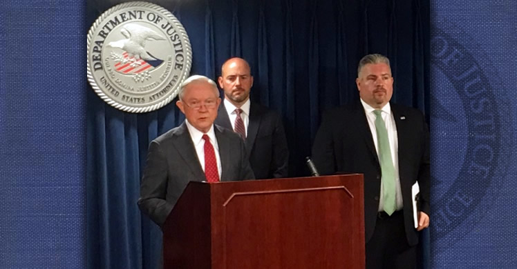 U.S. Attorney General Jeff Sessions, U.S. Attorney for Massachusetts Andrew Lelling and Peter Fitzhugh Special Agent In Charge, HSI Boston, announce results of massive DBFTF operation at U.S. Attorney’s Office, Boston, July 26.