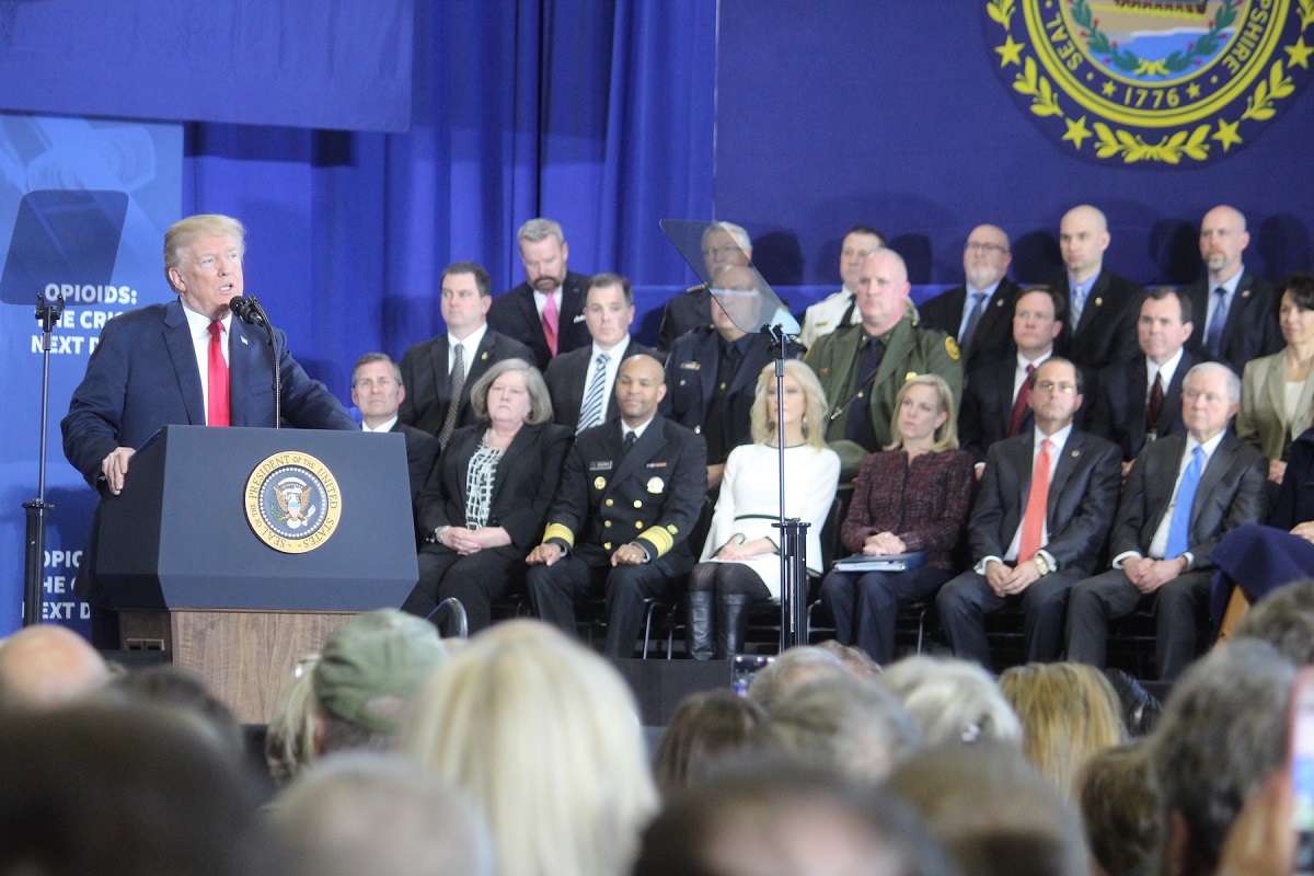 Federal, state, and local leadership including DHS Secretary Kirstjen Nielsen, U.S. Attorney General Jeff Sessions, New Hampshire Governor Chris Sununu, HSI-Boston Acting Special Agent In Charge Michael Shea, HSI- Boston Assistant Special Agent in Charge Bart Cahill, and HSI Manchester Resident Agent In Charge Michael Posanka listen attentively as President Donald J. Trump outlines the administration’s major ongoing efforts and commitment to combating the opioid crisis at Manchester Community College, Mond