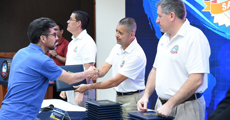 Closing ceremony of first human trafficking and child exploitation course taught by ICE HSI at ILEA San Salvador this summer, with participants from Argentina, Bolivia, Chile, Ecuador,Haiti, Paraguay, Peru, Uruguay and El Salvador (photo courtesy of ILEA San Salvador)