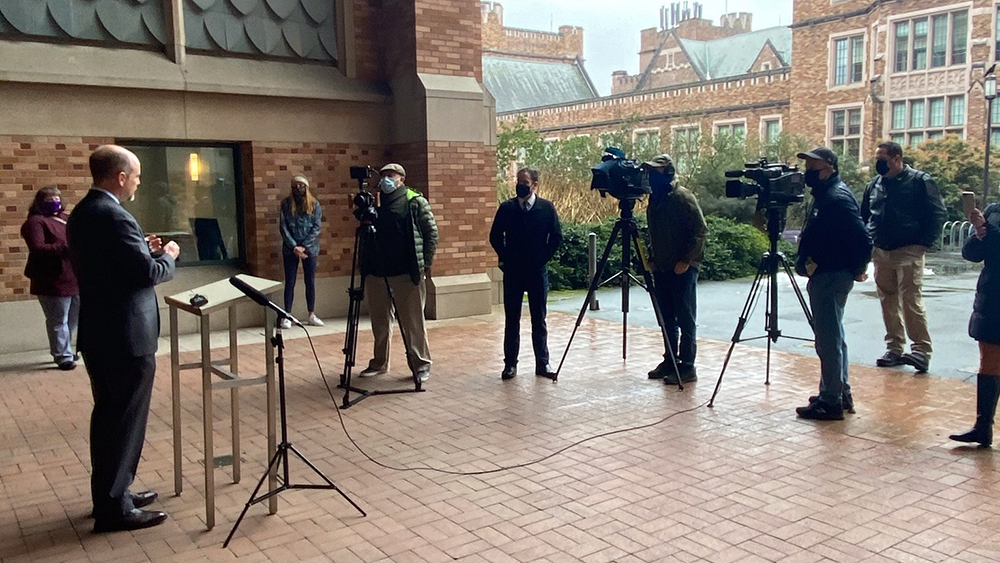 Special Agent in Charge Robert Hammer, who oversees HSI operations in the PNW, speaks to the media about 51 Greek Hellenistic and early Islamic coins HSI transferred to the UW Libraries in a ceremony hosted on the UW campus, Feb. 18, 2021.