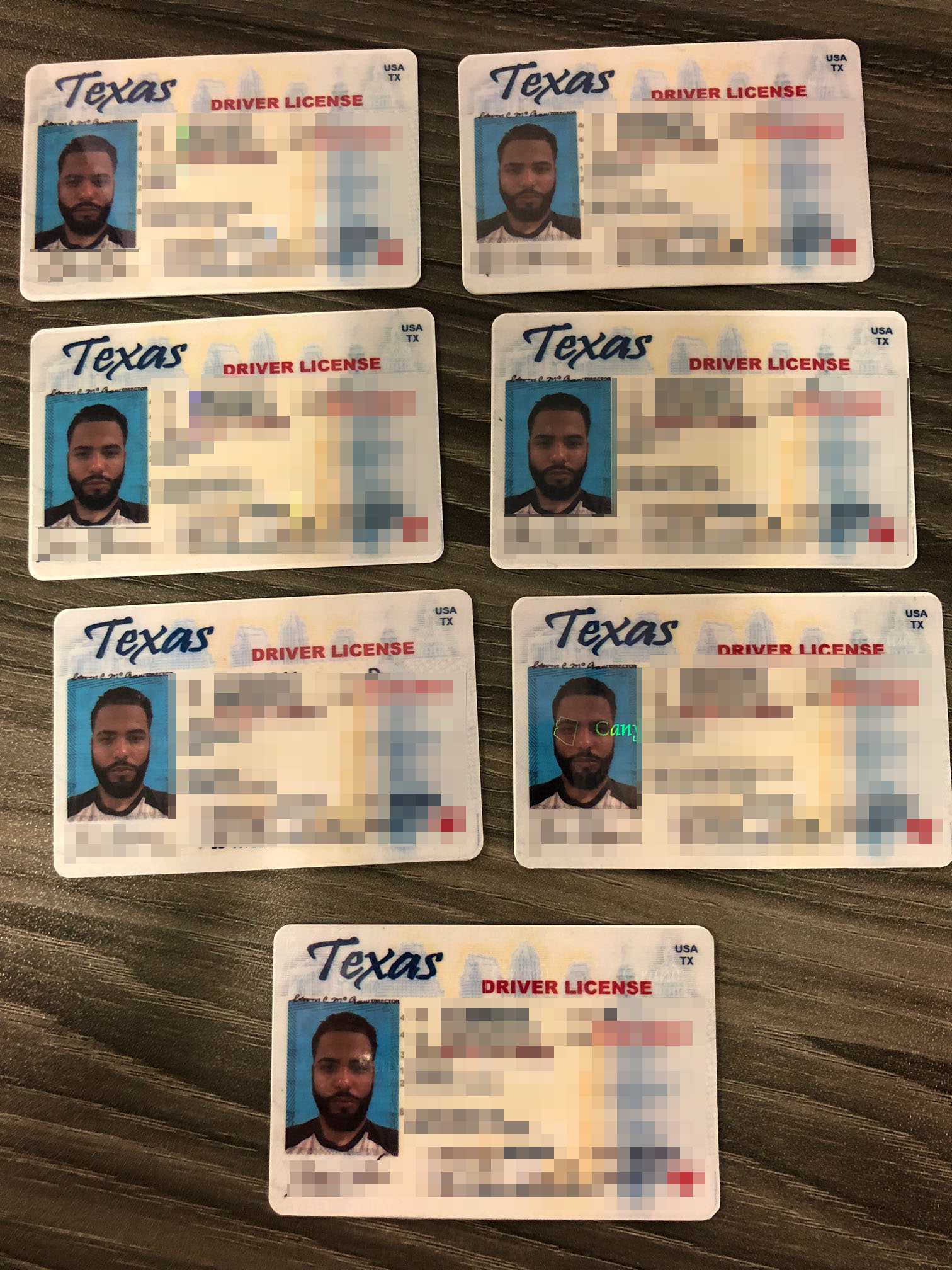 Photograph showing Polanco assuming and utilizing different aliases in the form of fraudulent driver’s licenses from Texas